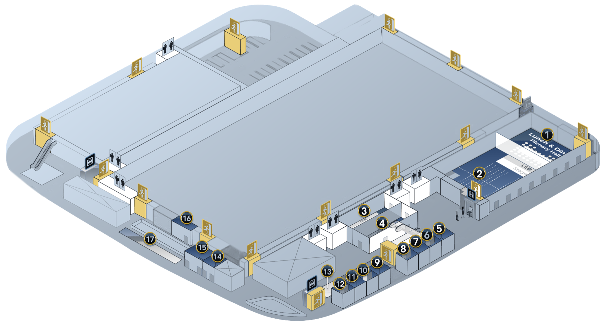 Isometric venue floor plan with numbered session markers